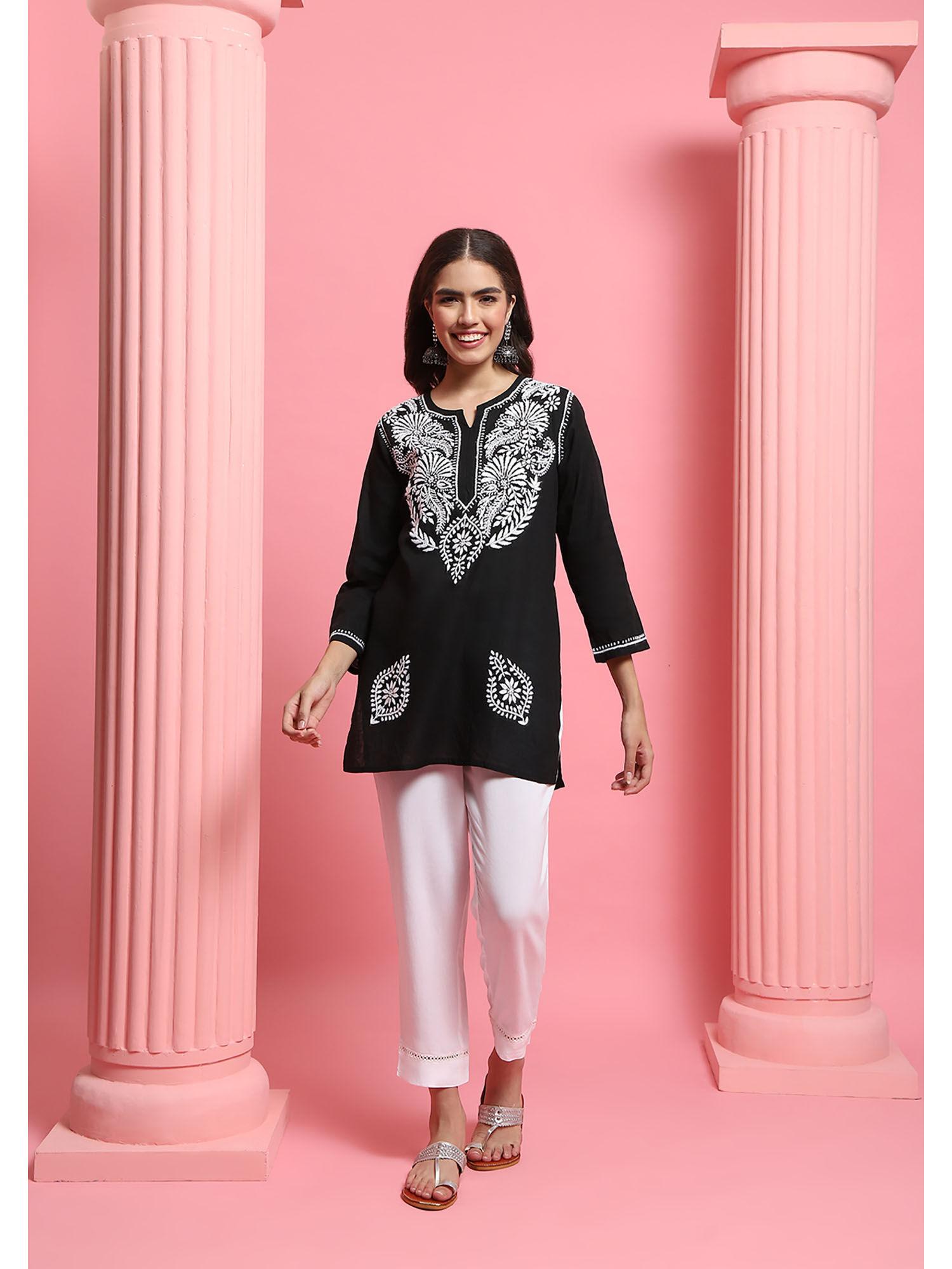 cotton chikankari embroidered womens short kurti - black