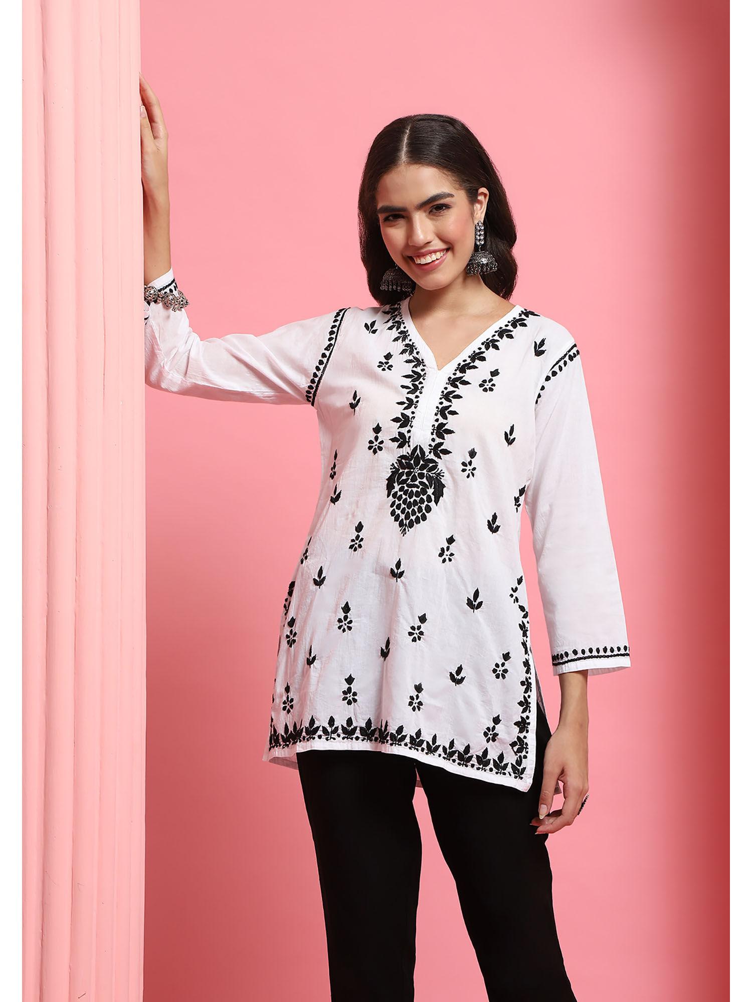 cotton chikankari embroidered womens short kurti - white