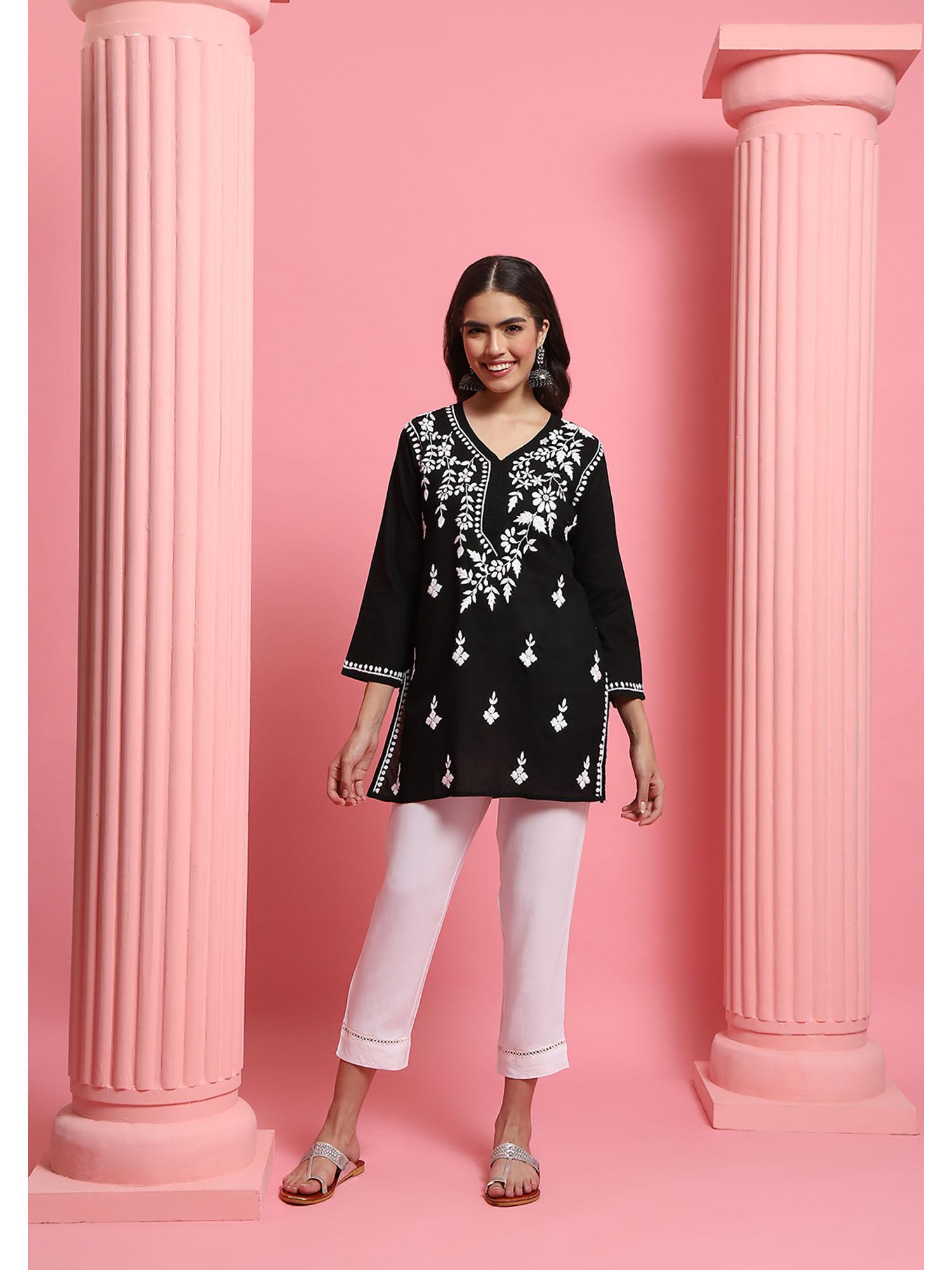 cotton chikankari embroidered womens short tunic - black