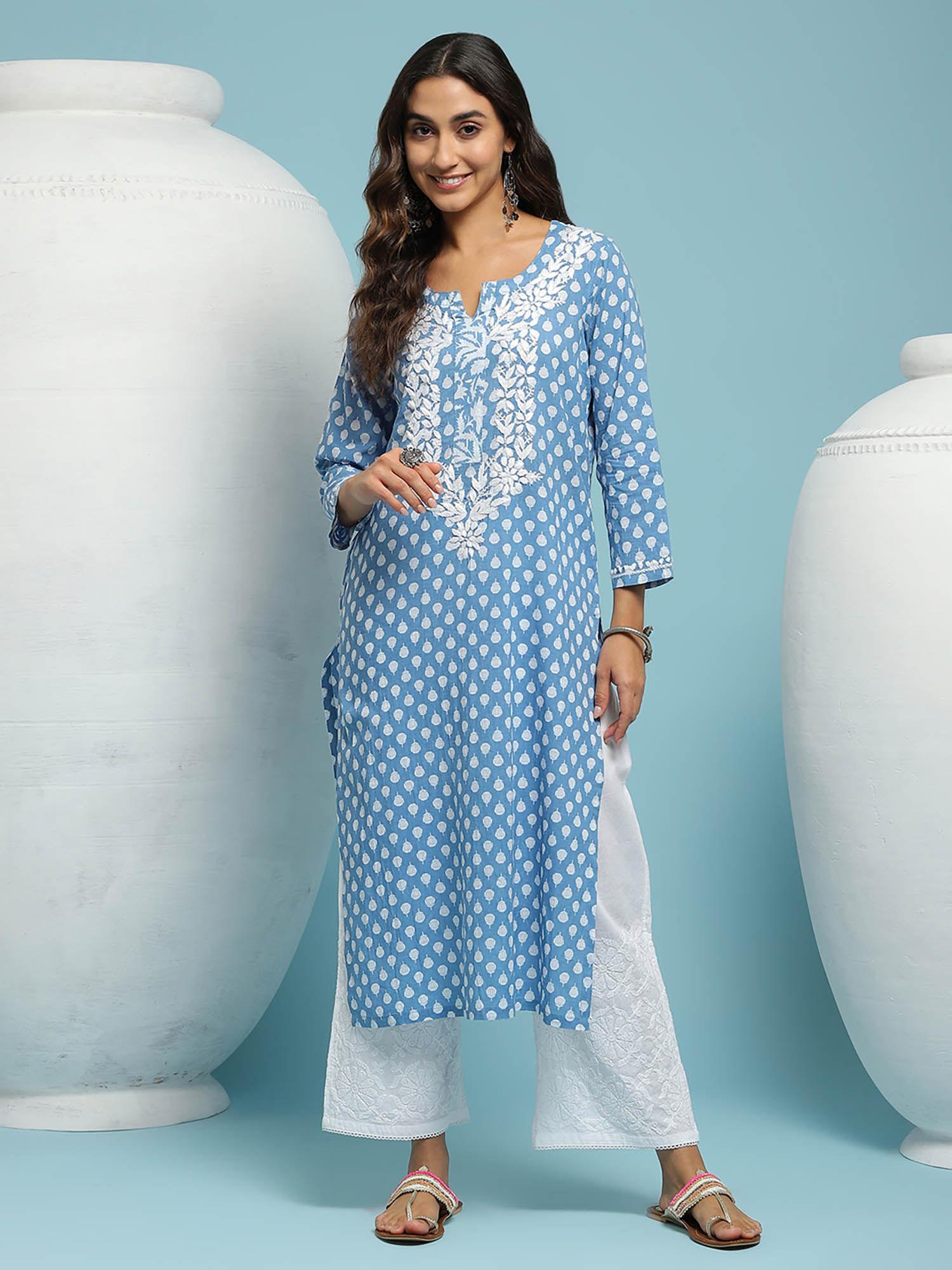 cotton chikankari floral women's long kurta - blue