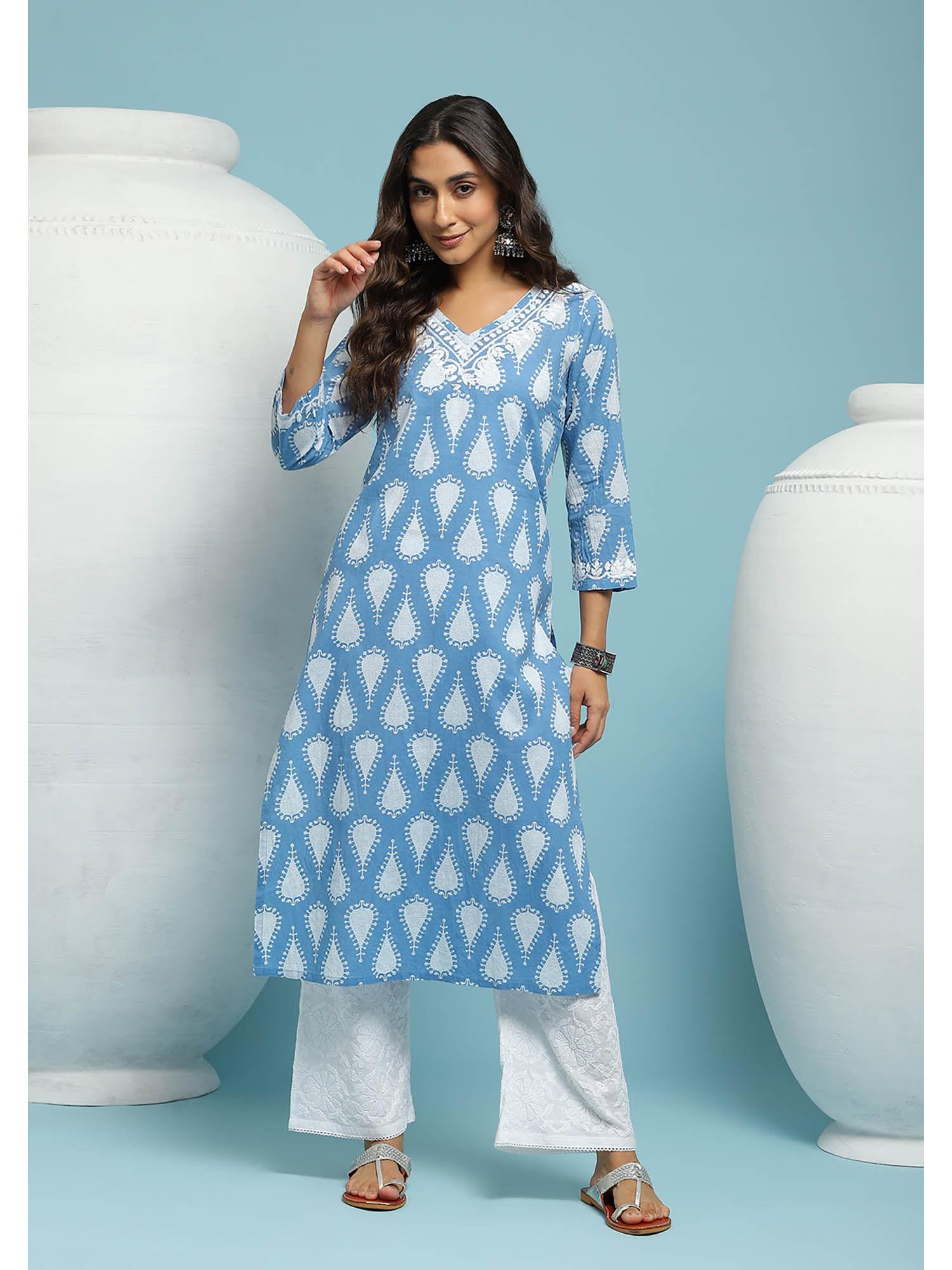 cotton chikankari printed women's long kurta - blue