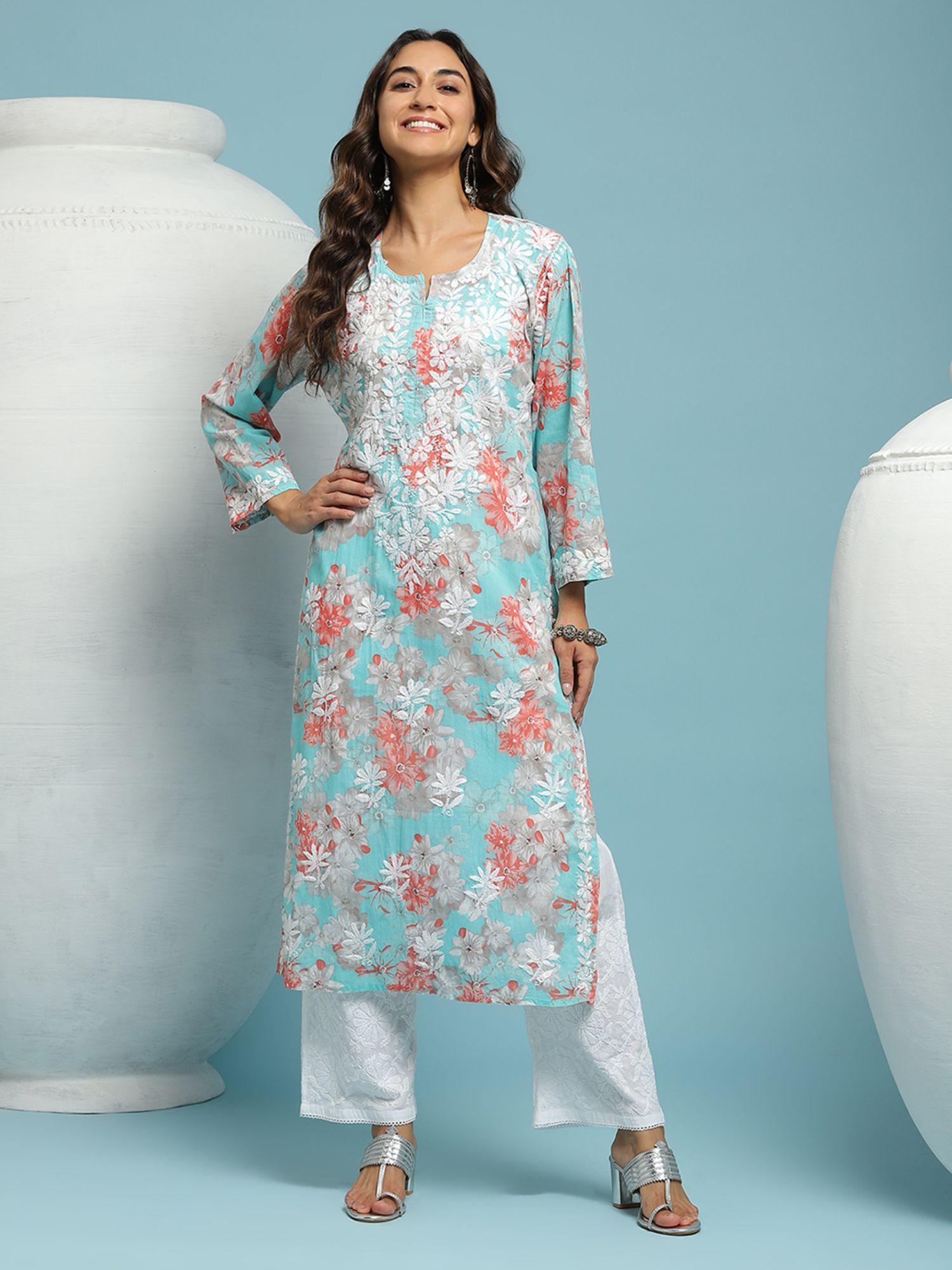 cotton chikankari printed womens long kurta - blue