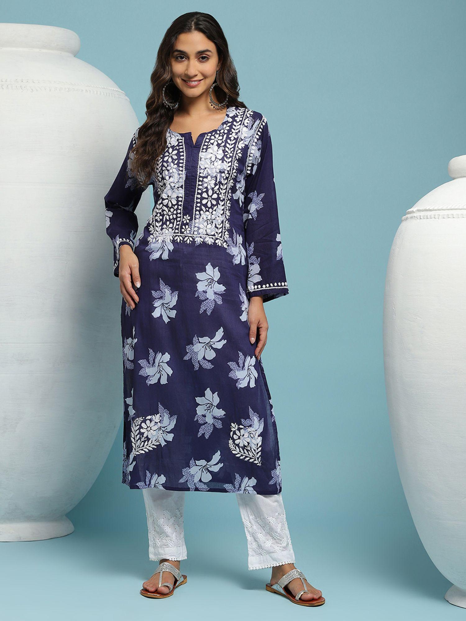 cotton chikankari printed womens long kurta - navy blue