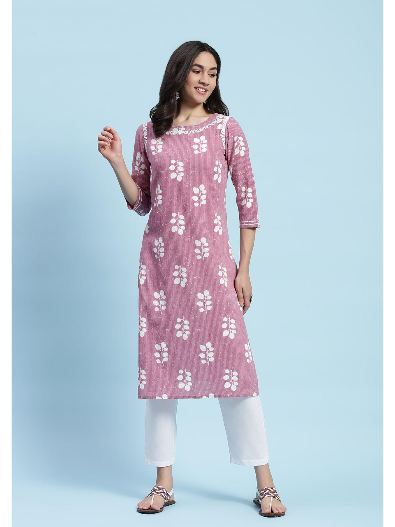 cotton chikankari printed womens long kurta - pink
