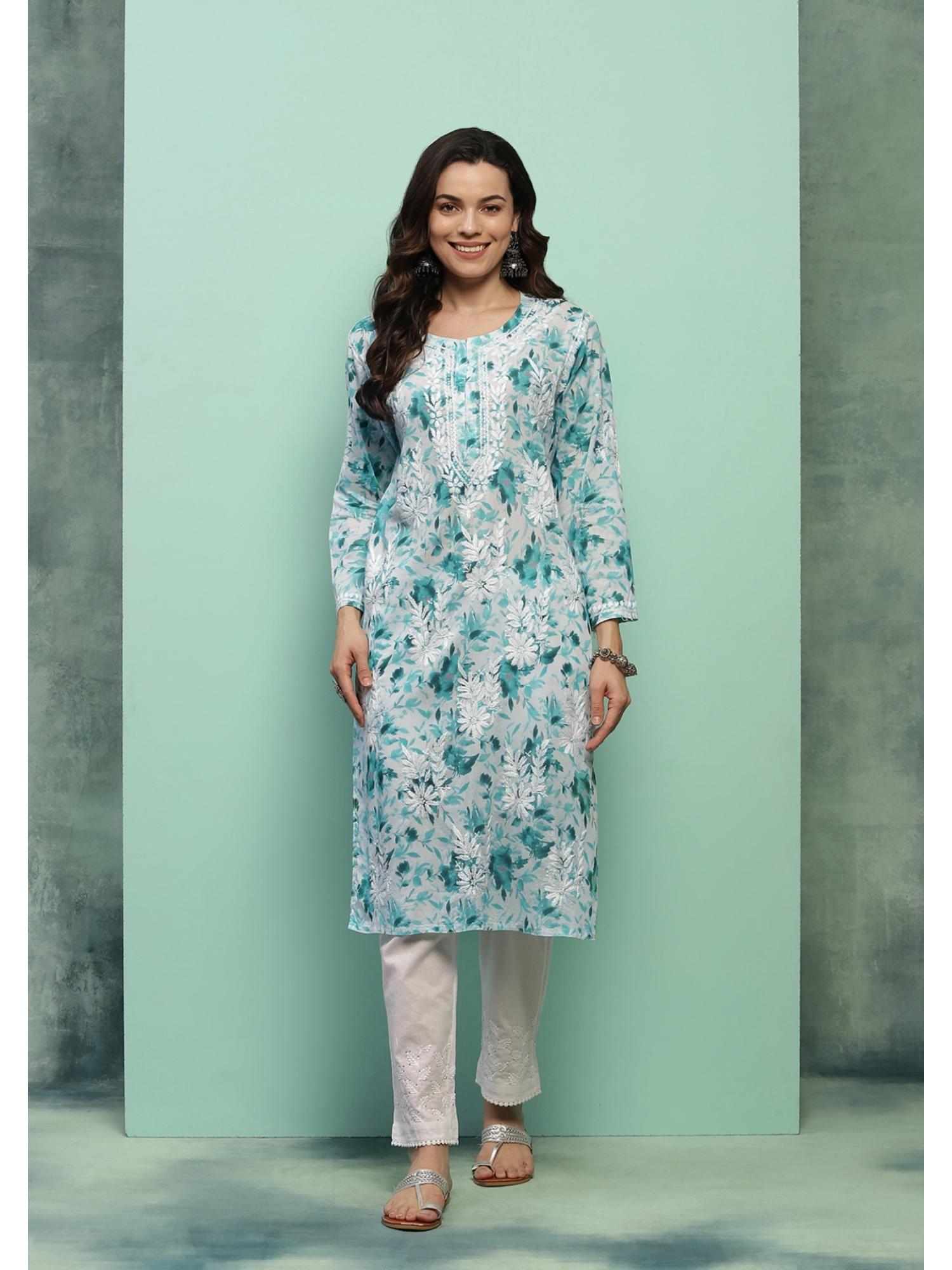 cotton chikankari printed womens long kurta