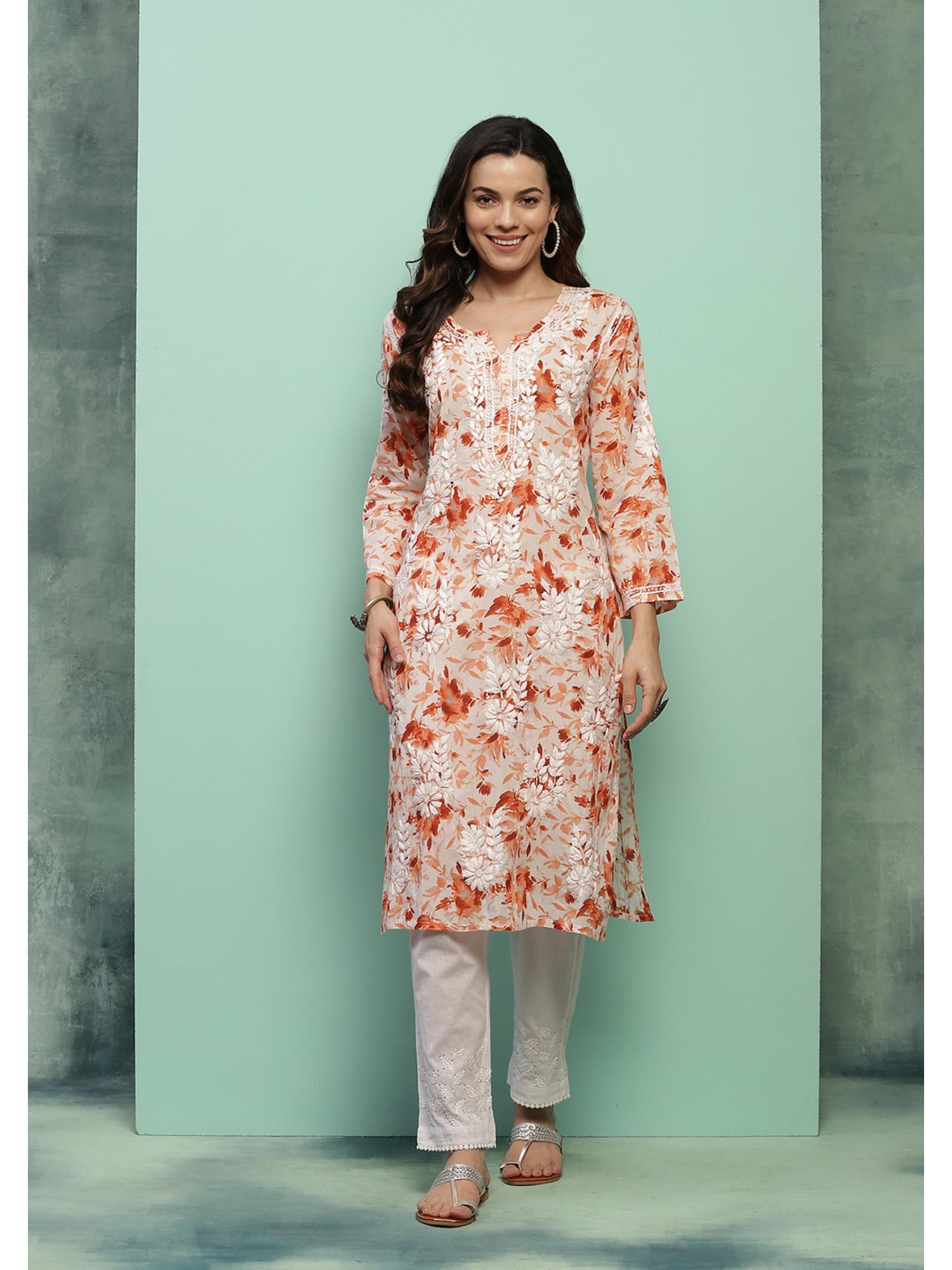 cotton chikankari printed womens long kurta