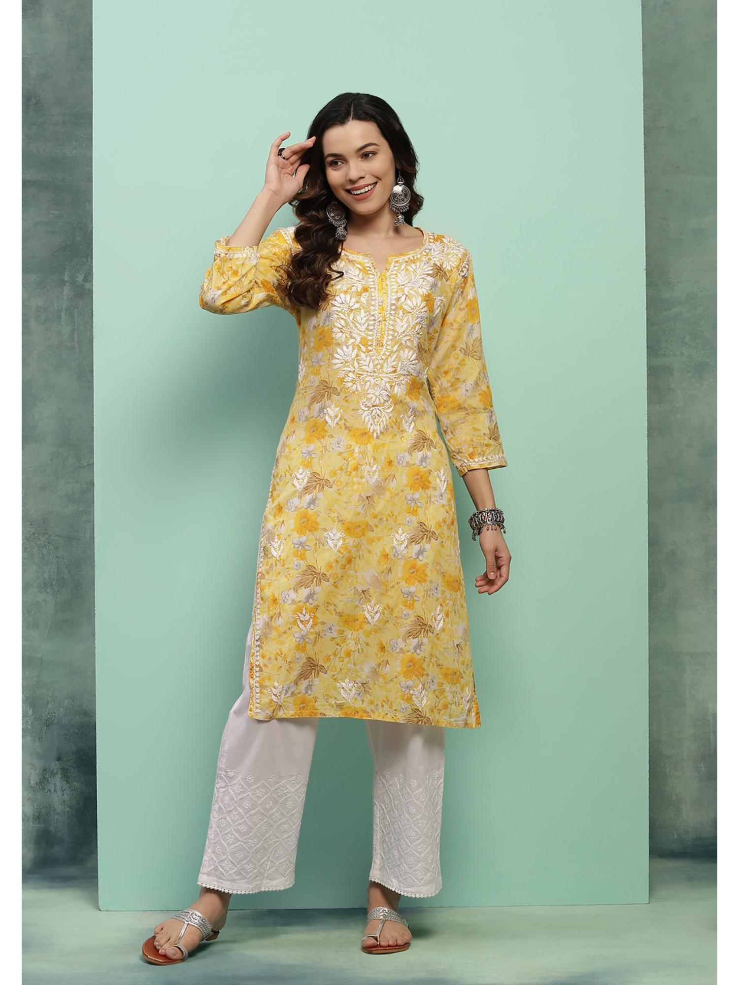 cotton chikankari printed womens long kurta