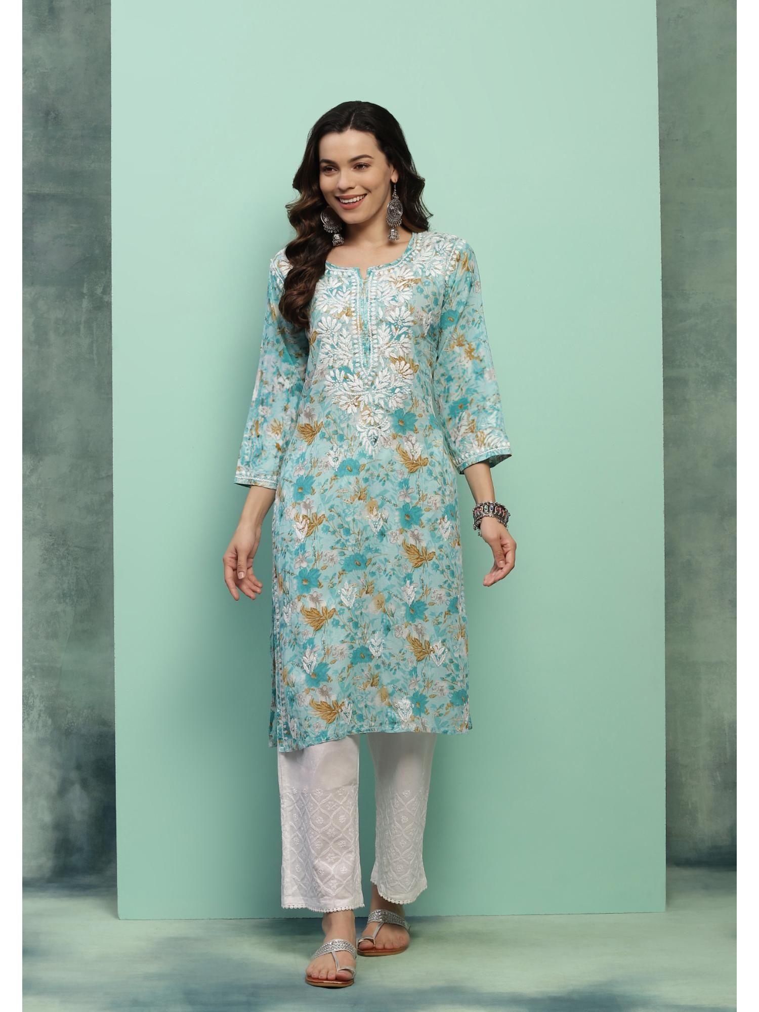 cotton chikankari printed womens long kurta