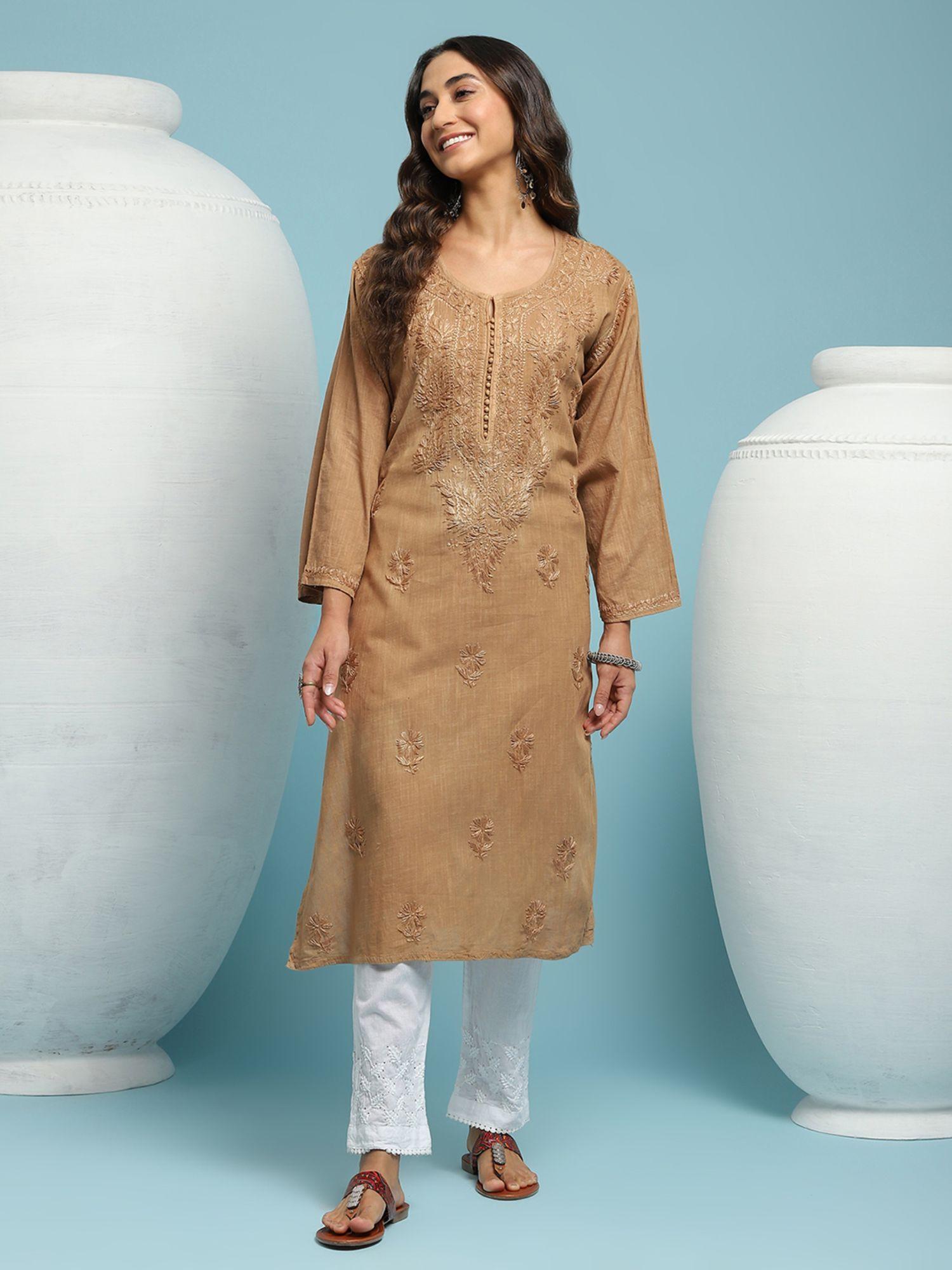 cotton chikankari solid womens long kurta - brown