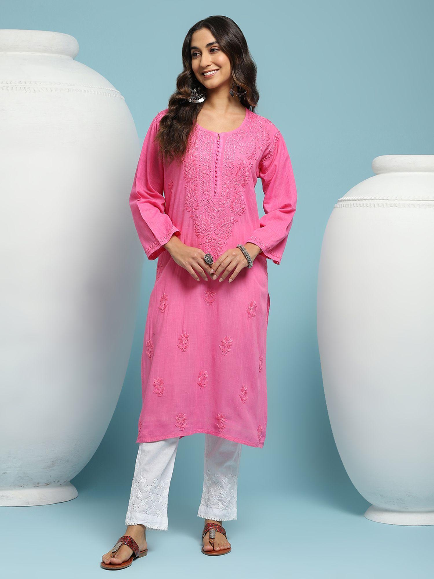 cotton chikankari solid womens long kurta - pink