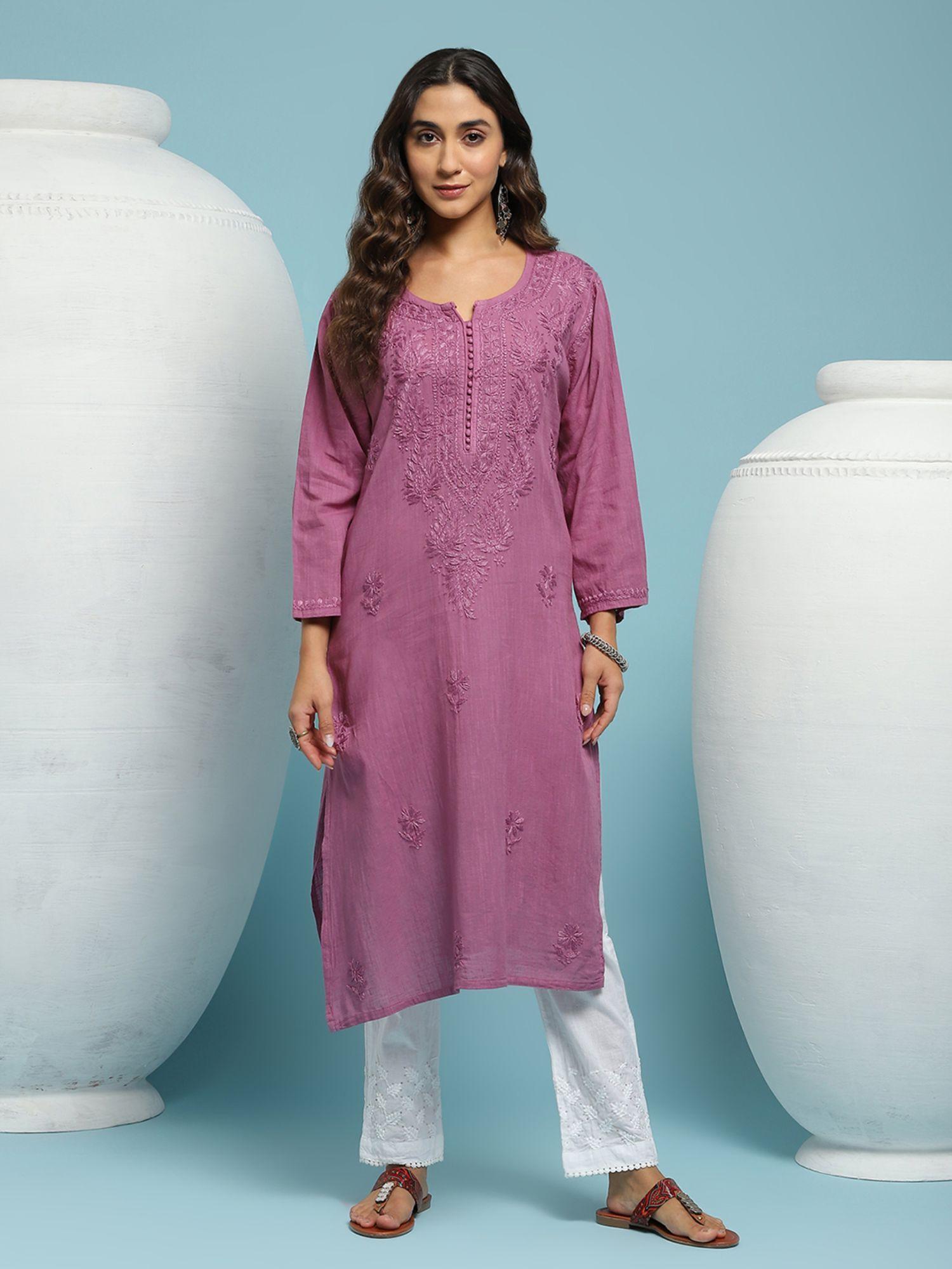 cotton chikankari solid womens long kurta - purple