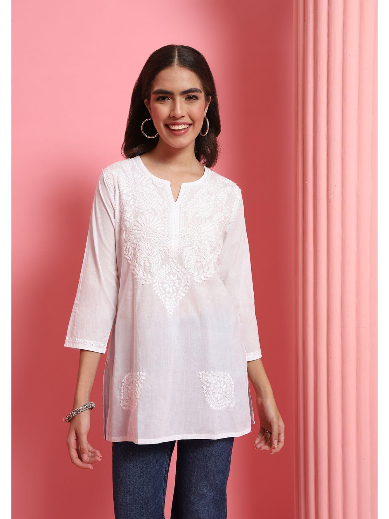 cotton chikankari solid womens short kurti - white