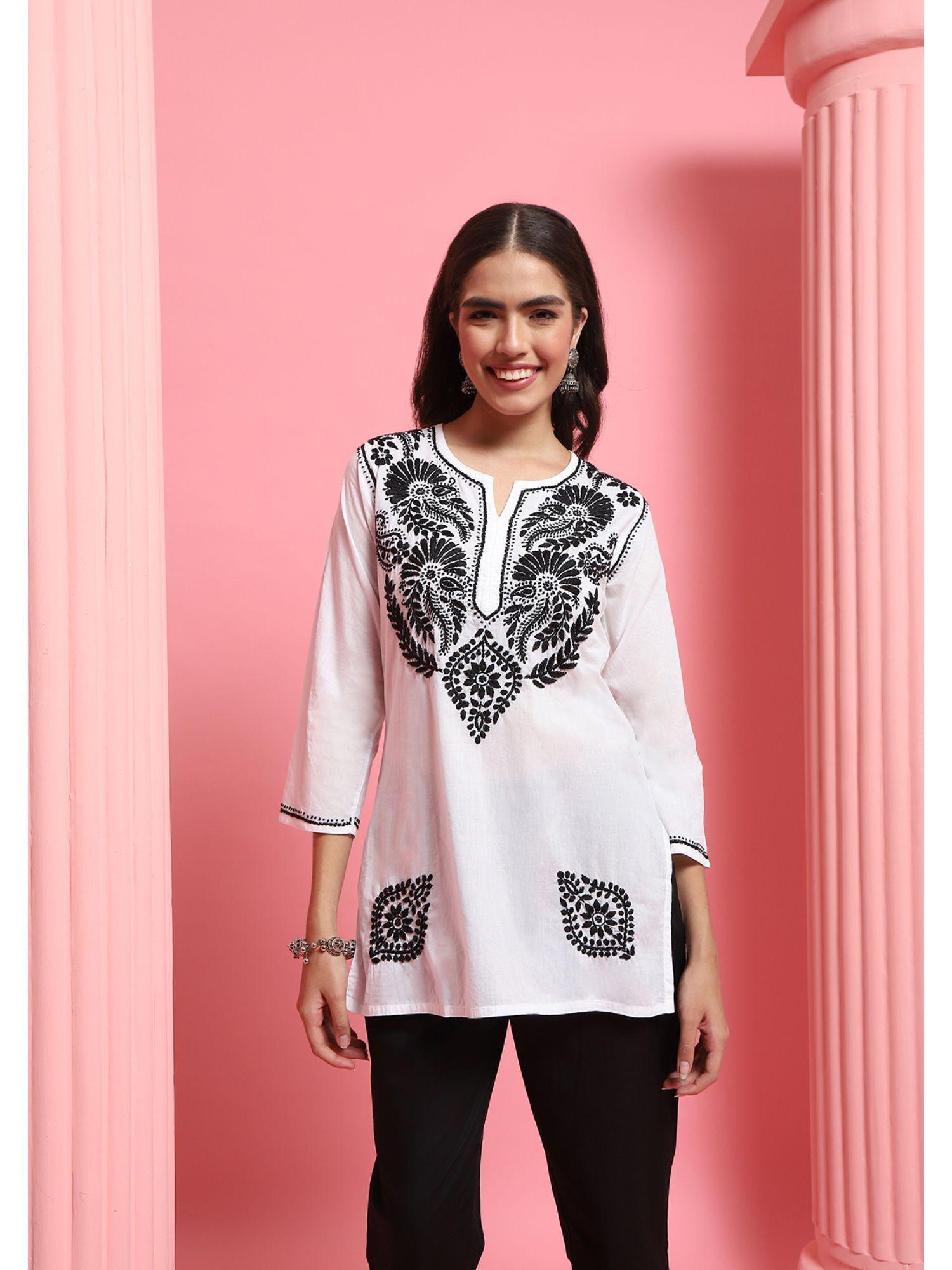 cotton chikankari solid womens short kurti - white