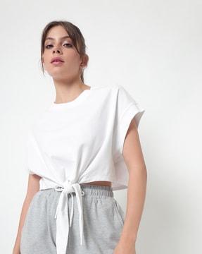 cotton crew-neck t-shirt with waist tie-up