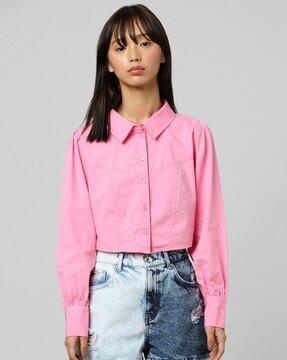 cotton crop shirt with spread collar