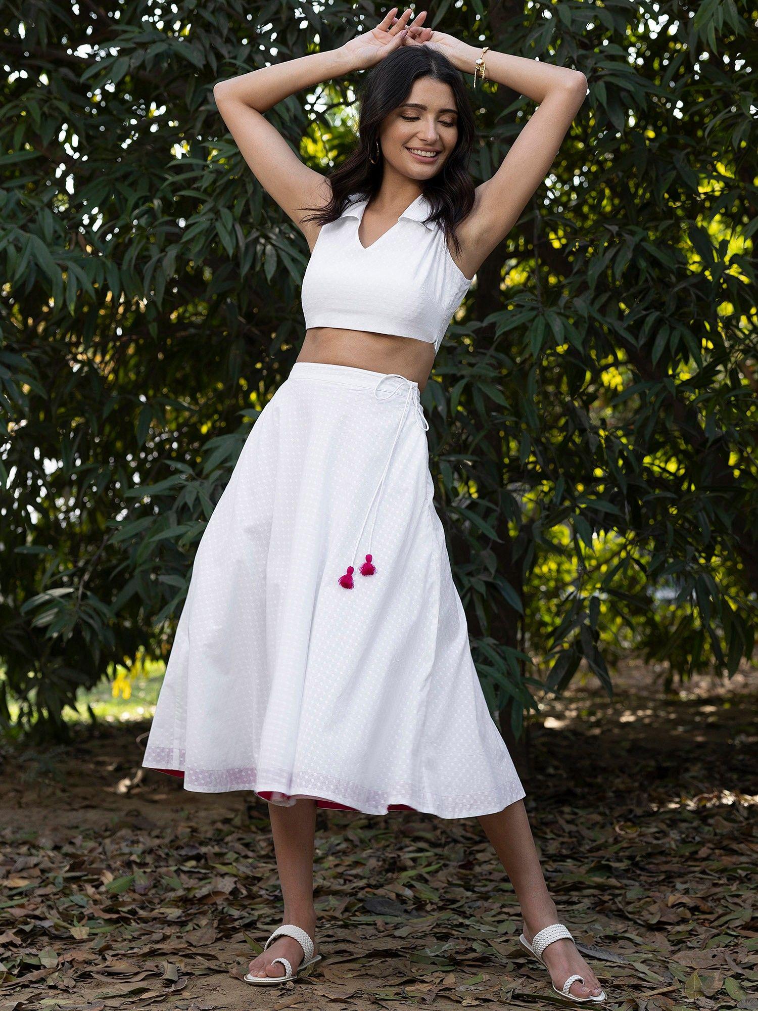 cotton cropped top and skirt set - white (set of 2)