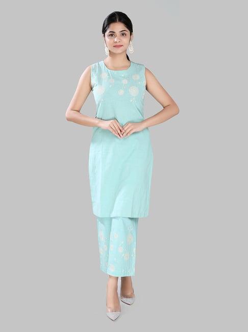 cotton culture aqua embroidered kurta pant set