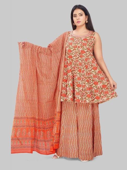 cotton culture beige & orange cotton printed kurta flared palazzo set with dupatta