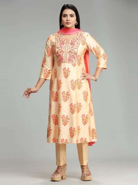cotton culture beige embroidered kurta pant set with dupatta