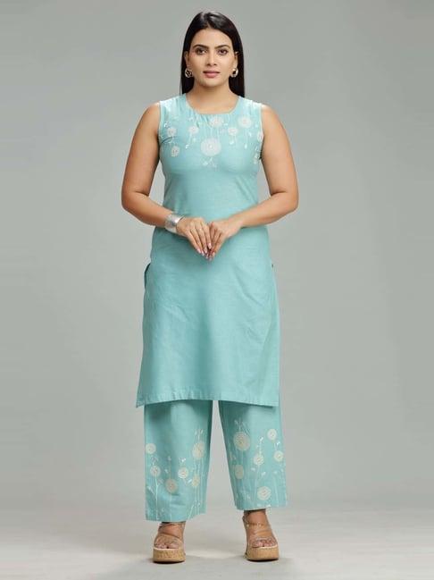 cotton culture blue cotton embroidered kurta palazzo set