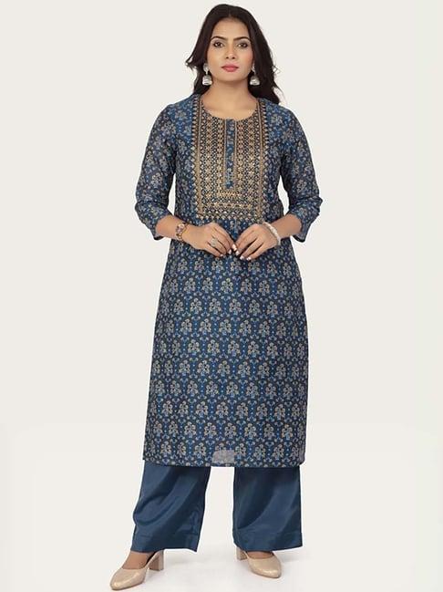 cotton culture blue cotton embroidered kurta palazzo set