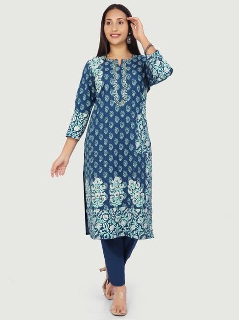 cotton culture blue cotton embroidered kurta pant set