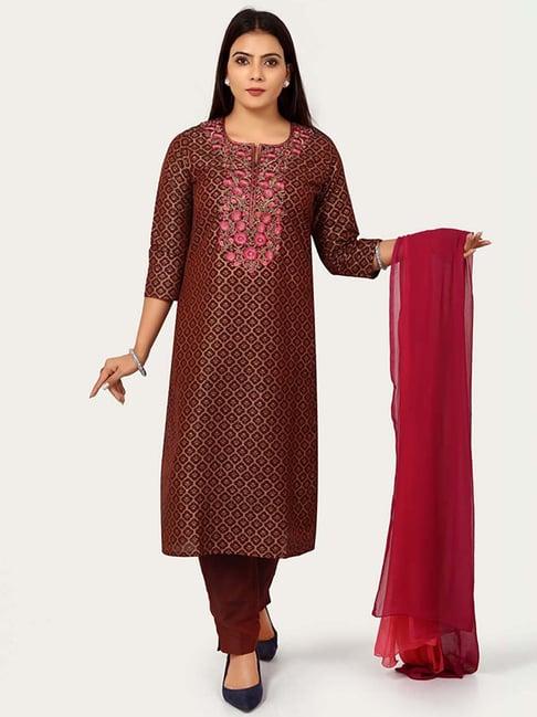 cotton culture brown cotton embroidered kurta pant set with dupatta