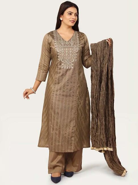 cotton culture brown embroidered kurta palazzo set with dupatta