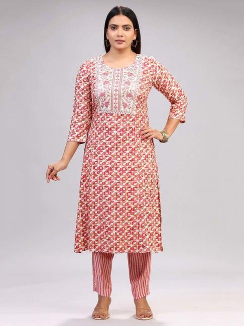cotton culture cream & pink printed kurta pant set
