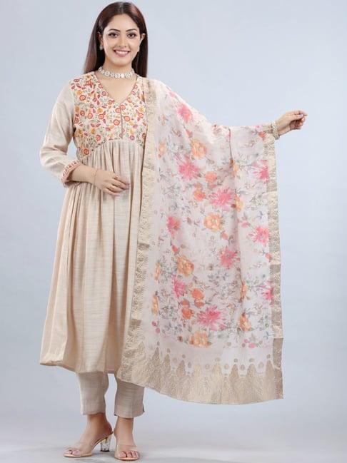 cotton culture cream cotton embroidered kurta pant set with dupatta