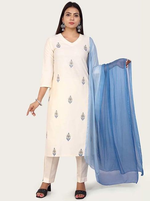 cotton culture cream cotton embroidered kurta pant set with dupatta