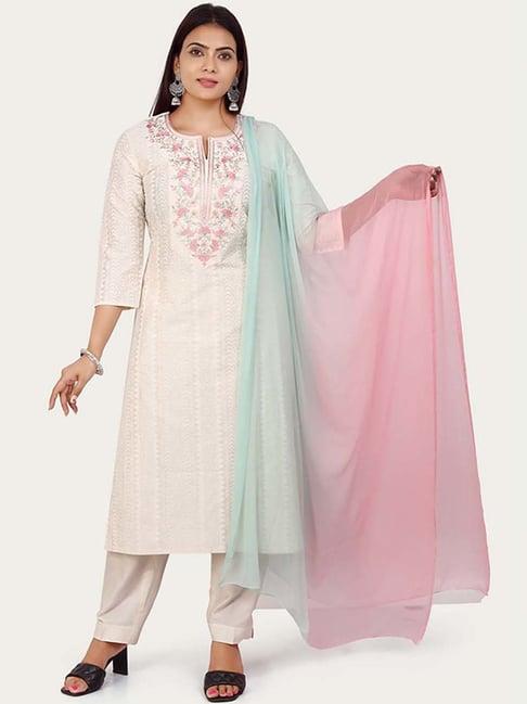 cotton culture cream cotton embroidered kurta pant set with dupatta