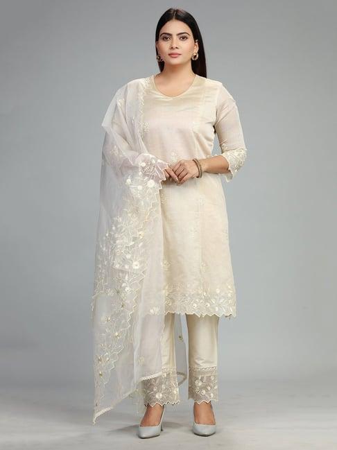 cotton culture cream embroidered kurta with pant & dupatta