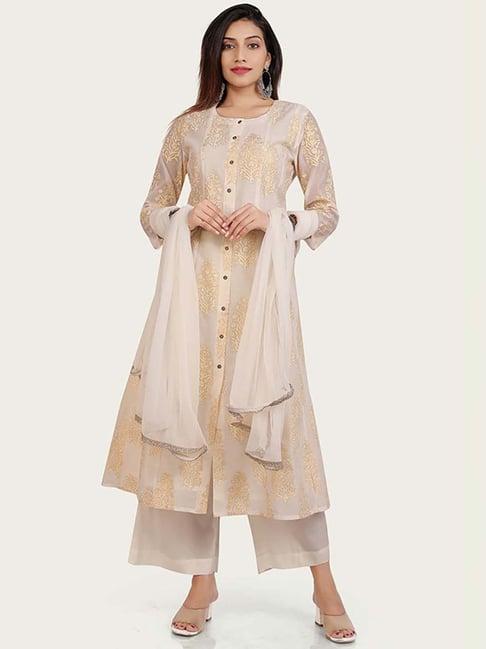 cotton culture cream floral print kurta palazzo set with dupatta