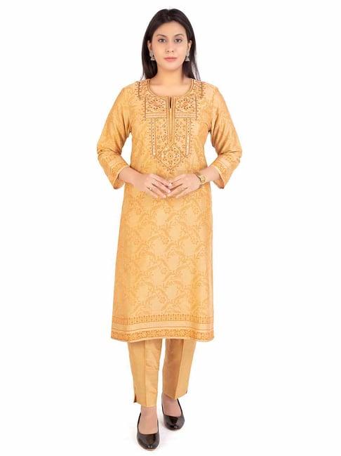 cotton culture dark beige embroidered kurta pant set