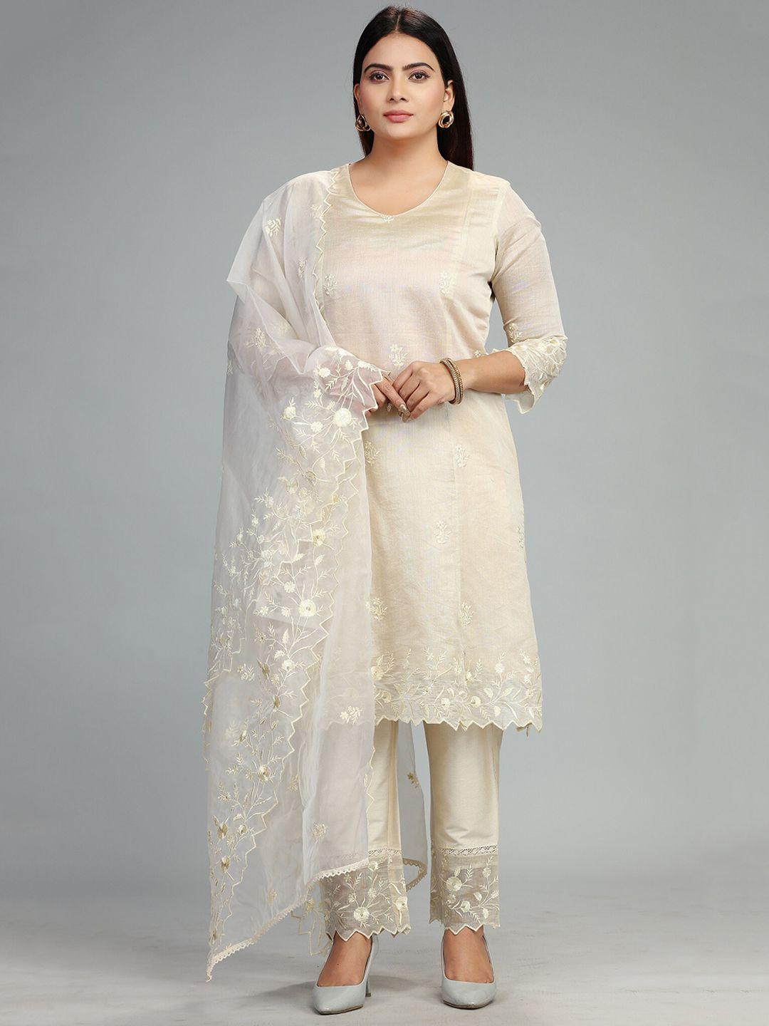 cotton culture ethnic motifs embroidered pure cotton straight kurta & trousers & dupatta