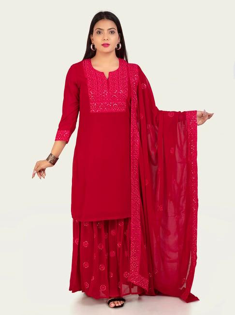 cotton culture fuchsia embroidered kurta with palazzo & dupatta