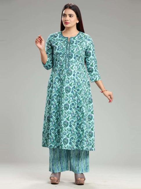 cotton culture green cotton embroidered kurta palazzo set