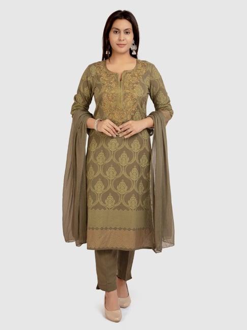 cotton culture green cotton embroidered kurta pant set with dupatta