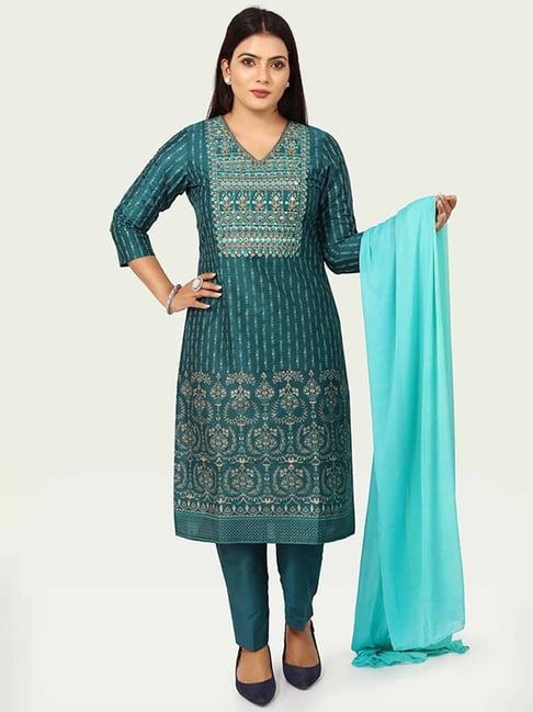 cotton culture green cotton embroidered kurta pant set with dupatta