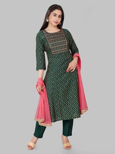 cotton culture green embroidered kurta with pant & dupatta