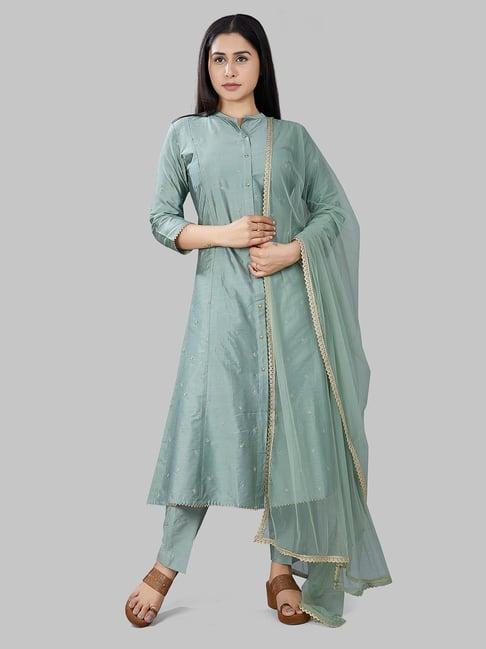 cotton culture green embroidered kurta with pant & dupatta