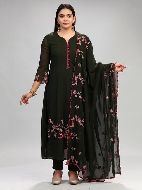 cotton culture green embroidered kurta with pant & dupatta