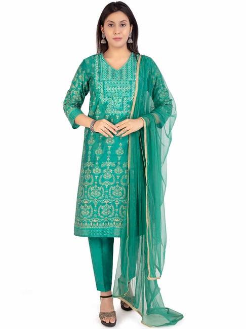 cotton culture green embroidered kurta with pant & dupatta