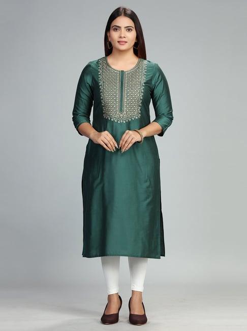 cotton culture green embroidered straight cotton silk kurta