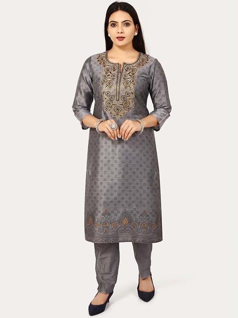 cotton culture grey cotton embroidered kurta pant set