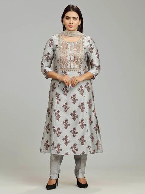 cotton culture grey cotton silk embroidered kurta with pant & dupatta