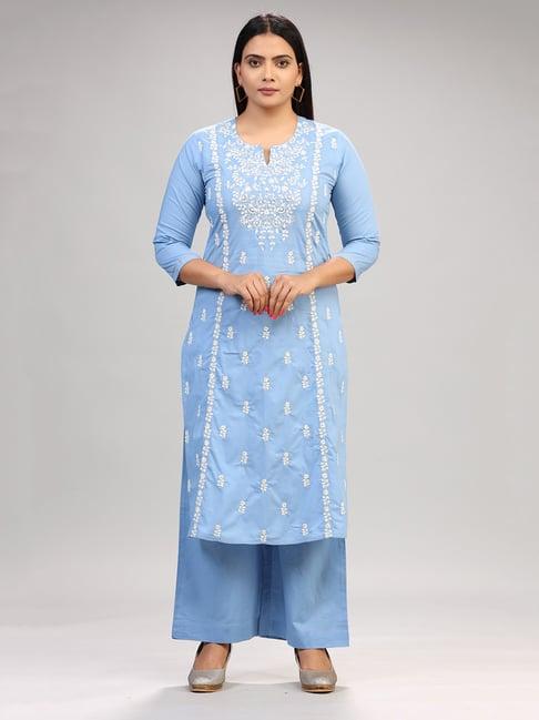 cotton culture light blue embroidered kurta & palazzo set