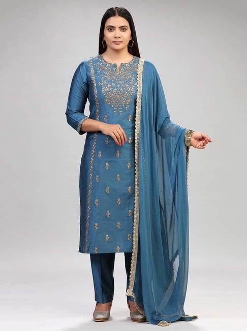 cotton culture light blue embroidered kurta with pant & dupatta