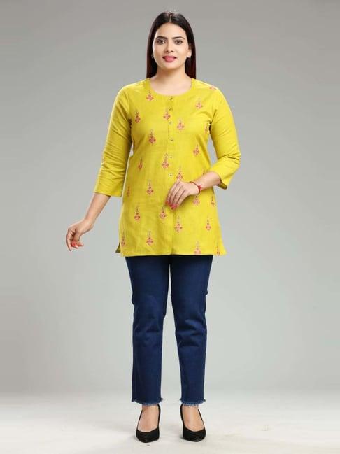 cotton culture lime green cotton embroidered straight short kurti
